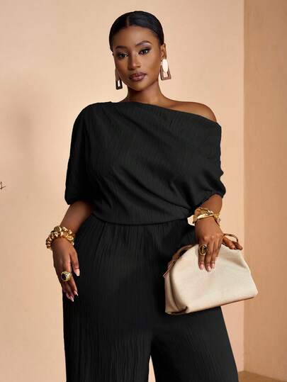 Veslaya Spring/Summer New Elegant Party/Date/Evening/Graduation Season Solid Khaki Fitted One Shoulder Pleated Decor Asymmetric Jumpsuit, Woven Textured Fabric, Women Plus Size Maxi Jumpsuit