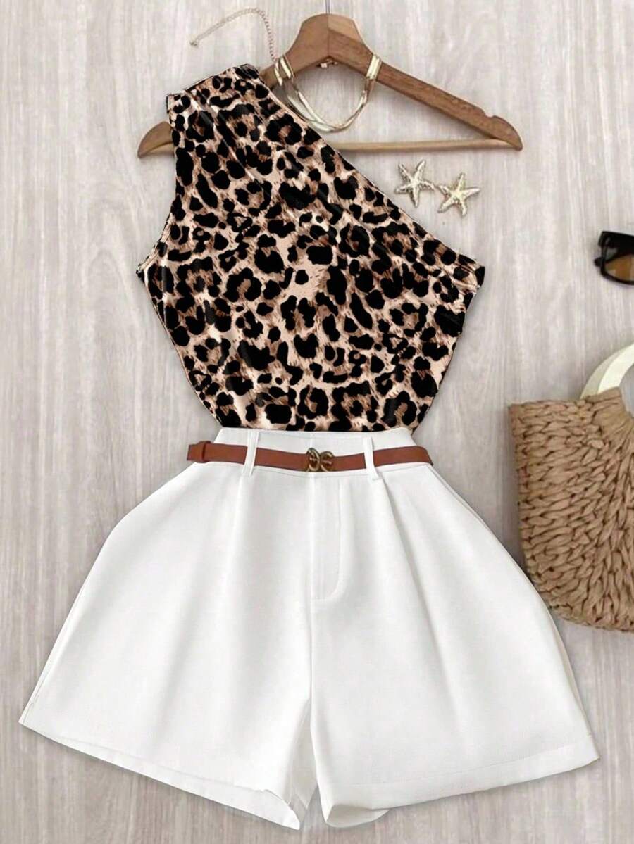 INAWLY 2pcs Women Leopard Print Top And Shorts Set, Fashionable For Summer - Multicolor - View 1