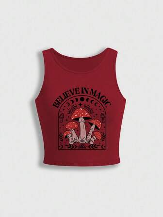 Fairycore Débardeur femme col rond imprimé slogan et champignon, style décontracté