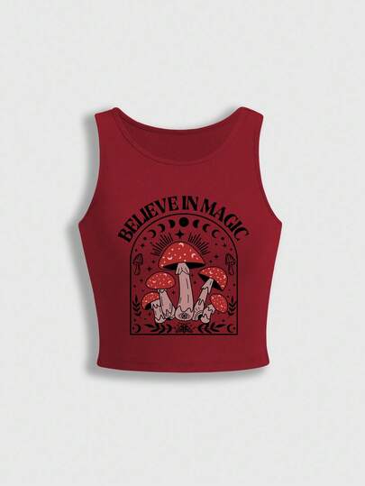 Fairycore Camiseta de tirantes de mujer con cuello redondo, estampado de lema y setas, de estilo casual