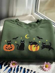 INAWLY Áo nỉ chui đầu cổ tròn tay dài thêu họa tiết Halloween - Màu xanh Bạc hà - Xem 3