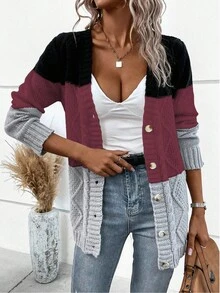 EMERY ROSE Cardigan long en tricot casual à manches longues et à simple boutonnage avec couleurs contrastées pour femmes en automne - Multicolore - Voir 6