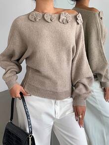 Elenzga Women's Elegant Floral Rhinestone Decor Asymmetric Shoulder Solid Color Sweater - Khaki - View 6