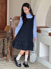 DAZY Set de rochie cu mânecă lungă și bretele, culoare solidă, pentru fete preadolescente, ținută la modă stradală pentru toamnă