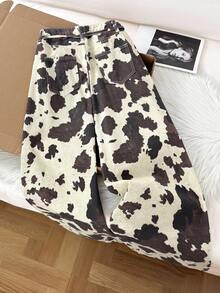 Comfortcana Quần jean ống rộng in họa tiết bò túi rộng bằng cotton cho nữ, trang phục thường ngày cho phụ nữ phương Tây, đi chơi, cổ điển, thời trang đường phố - Nhiều màu - Xem 2