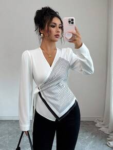 Elenzga Elegant V-Neck Digital Printed Geometric Line Pattern Long Sleeve Asymmetrical Hem Tie Bow Blouse Fall Cloth For Women - White - View 6