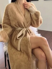 DAZY Women's Long Plush Faux Mink Belted Robe, Warm Home Dress For Winter, Fall Pajama, Cozy Outfit - Camel - View 6