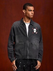 ROMWE MEN Friday the 13th X ROMWE Men's Letter & Mask Graphic Casual Long Sleeve Denim Shirt - Black - View 6