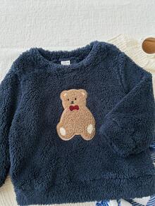 SHEIN 2件套婴儿男女童可爱毛绒卡通印花长袖上衣和格子裤家居服套装，运动服，秋冬季男女通用婴儿服装 - 彩色 - 查看 5