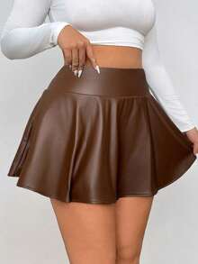 SHEIN EZwear Quần short mini da giả màu nâu cà phê cỡ lớn cho nữ, có quần short và túi tích hợp - Cà phê nâu - Xem 4