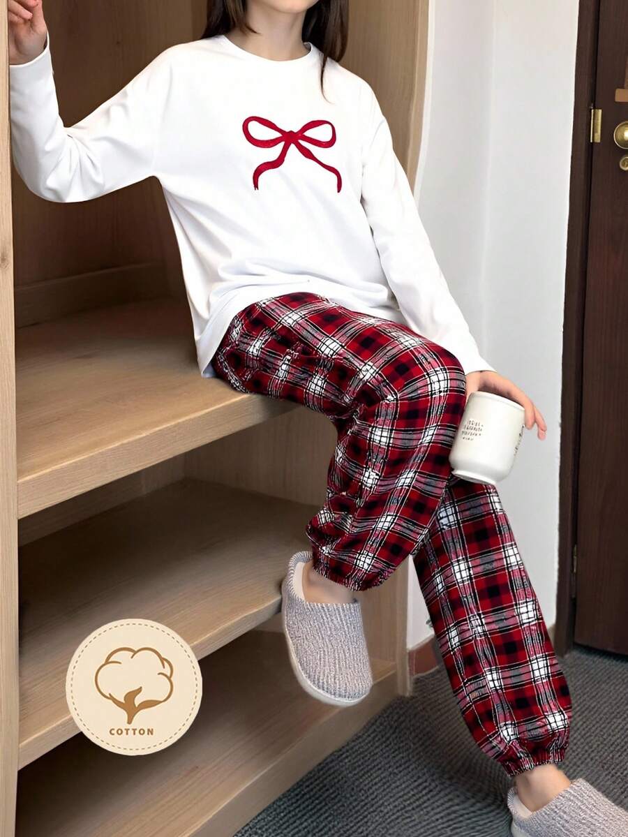 Genkimix Kids Girls Pajamas Sleepwear Set, Bow Embroidered Top + Plaid Pants, Loose Fit, Comfortable & Sweet Home Outfit For Spring & Autumn Fall Winter - Red and White - View 1