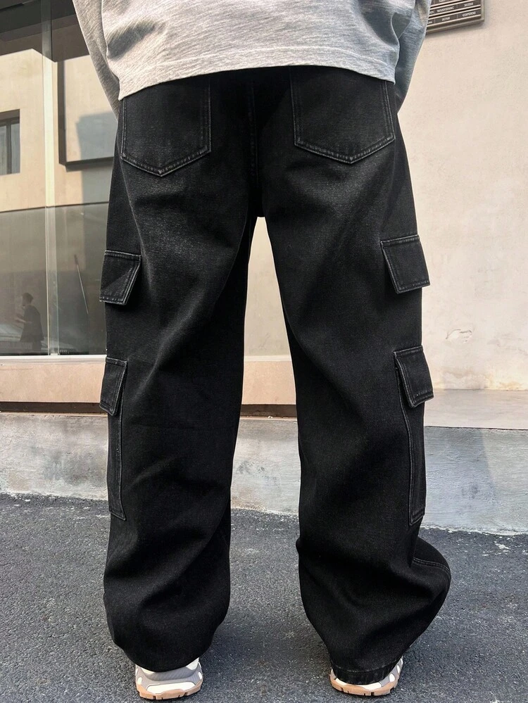 Men's Black Washed Distressed Vintage Denim Jeans, Autumn