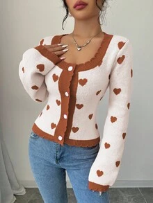 Elenzga Casual Colorblock Heart Jacquard Knit Cardigan, Autumn/Winter - Apricot - View 4
