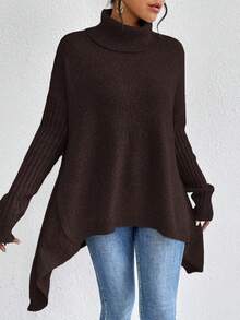 EMERY ROSE Solid Color High Neck Asymmetric Hem Casual Long Sleeve Pullover Sweater - Coffee Brown - View 3