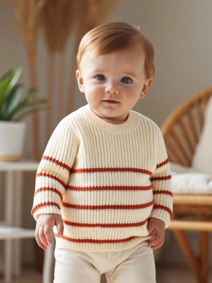 Baby Jungen & Mädchen Pullover, Rundhals, gestrickt, langärmelig, Streifendesign, lässig, bequem, modisch, geeignet für täglichen Gebrauch, innen, außen, Reisen, Schule