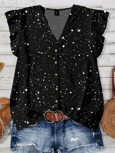 EMERY ROSE 大码女装日常休闲度假粉色V领小飞袖度假风黑白水墨图案宽松衬衫女夏装女度假装女夏装女装