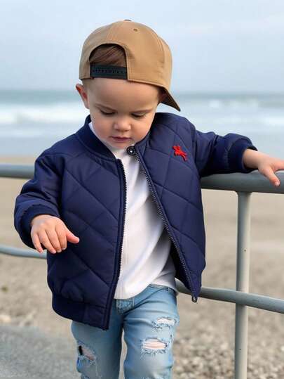 Baby/Baby Boy/Girl Navy Blue Padded Jacket With Embroidered Logo, Quilted Coat, Classic Versatile Fashion Casual Suitable For Indoor, Outdoor, Daily Wear, Sports, Play, Party, Photo Shoot, Halloween In Autumn/Winter