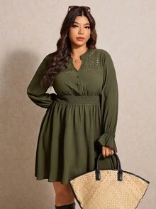Elaquor Plus Size Women's Solid Color Hollow Shirred Long Sleeve Drawstring Waist Casual Dress