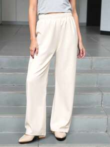 Girls Solid Elastic Waist Trousers - Beige - View 3