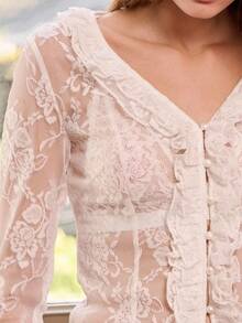 lacRébo Romantic White Lace Blouse With Front Buttons And Ruffle Fall Women Clothes Autumn Winter - White - View 6