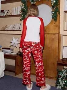 SHEIN Women Miss Vinta Casual Red Raglan Sleeve Top And Holiday English Print Pants Christmas Pajama Set,Red And White Stripe,Autumn,Sleep Christmas Gift - White - View 2