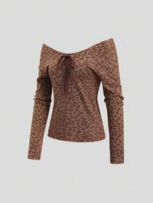 Sweetra Y2K Bowknot Plunging V-Neck Leopard Print Slim Fit Knitted Sweater For Women - Multicolor - View 3