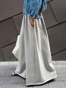 INAWLY Pantalon décontracté ample à cordon de serrage et poches, couleur unie, grandes tailles - Gris - Voir 3