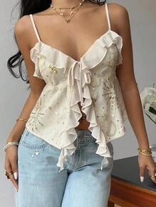 Serisse 女士亮片装饰交叉吊带背心，亮片上衣，金色上衣，露背吊带设计，女装，派对上衣，婚礼派对上衣，外出上衣，优雅女士上衣，时尚女士上衣，优雅时尚上衣，荷叶边设计夏季休闲款 - 杏色 - 查看 4