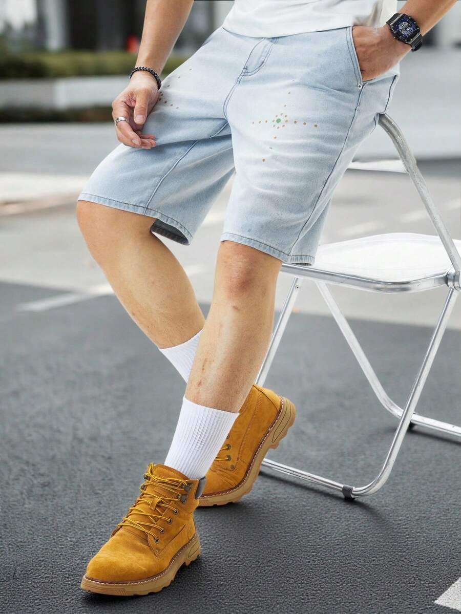 Manfinity Homme Quần Jeans Ngắn Thường Ngày Màu Xanh Nhạt Nhạt Được Phun Sơn, Phong Cách Nhật Bản/Hàn Quốc - Màu xanh lam - Xem 1