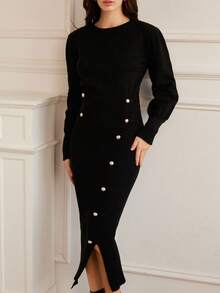 Chiquease 2pcs Set: Crew Neck Pullover Sweater With Button Decor & Midi Skirt - Black - View 4