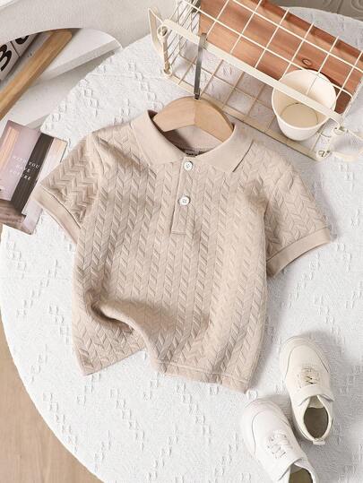 SHEIN 1 件年轻男孩基本款纯色 Polo 衫，休闲短袖领扣，适合日常穿着、度假、假日、旅行、放松、日光浴、春夏季