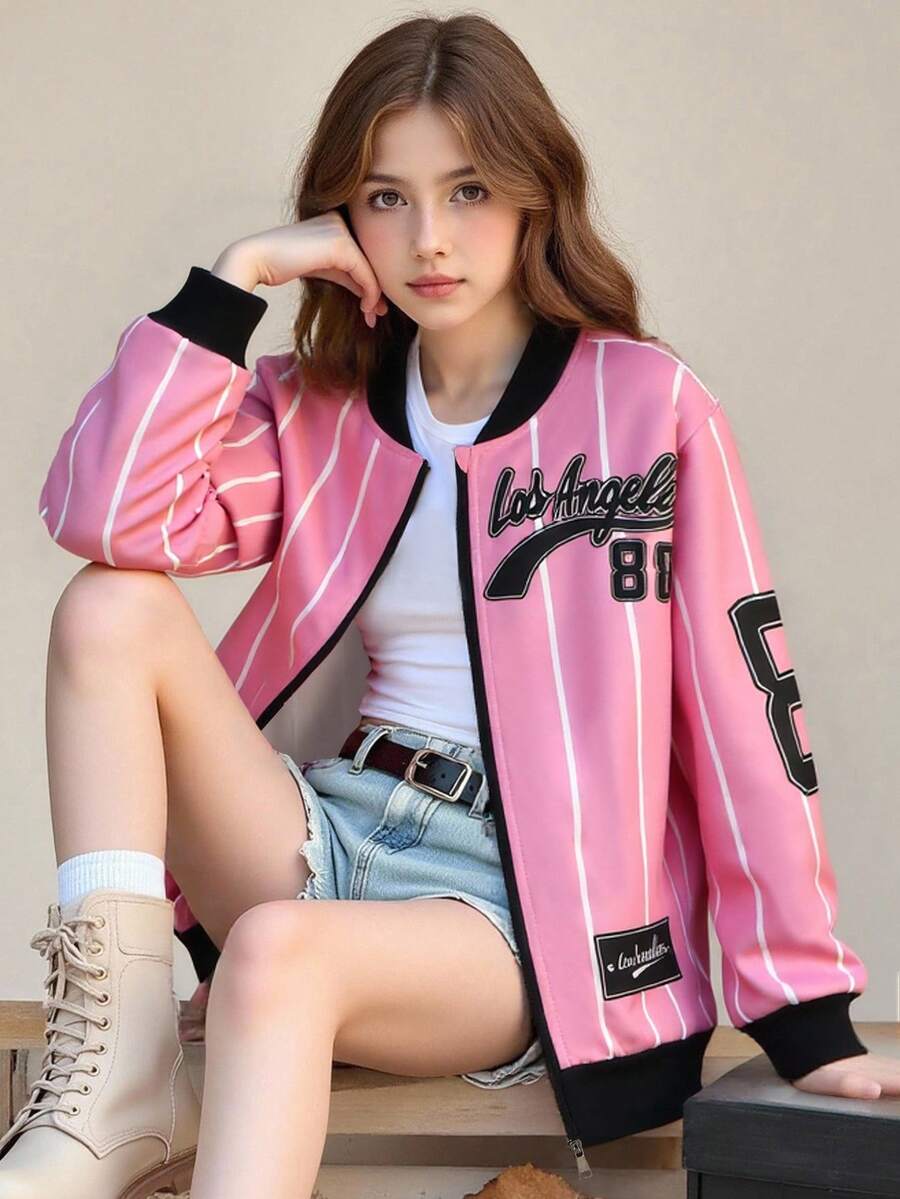Chaqueta de béisbol casual de niña con contraste de color y flores 3D, adecuada para primavera y otoño - Rosa - Ver 1