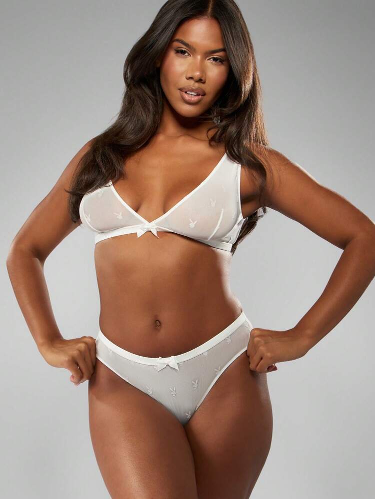 Missguided x Playboy Bunny All Over Print Soft Cup Bralette Mesh White Lingerie Set With Small Bow Detail See Through Underwear High Cut Low Rise Two Piece Set