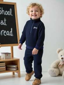 SHEIN 2pcs Baby Boy Navy Blue Autumn Casual Outfit,Stand Collar Long Sleeve Letter Print Half Zip Sweatshirt And Pants Set,Tracksuit For Date Winter Fall - Navy Blue - View 2