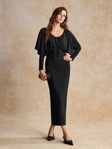 House of One Vestido largo de satén negro sólido con mangas de murciélago, corte frontal y lazo para mujer, elegante para fiestas en otoño