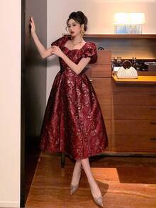 FRIFUL 女士优雅提花泡泡袖收腰中长连衣裙 女士连衣裙 生日装 女士夏季服装 女士加大码服装 正式场合女士休闲连衣裙 女士生日装 红色女士连衣裙 圣诞节 - 酒紅色 - 查看 5