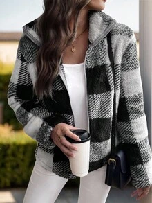 EMERY ROSE Elegant & Chic Reversible Plaid Fleece Zip-Up Jacket For Women, Autumn/Winter