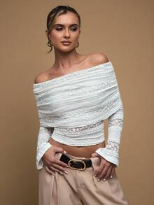 SHEIN BAE Women's Simple And Elegant White Solid Color Perspective Texture Lace Off-Shoulder Slim-Fit Long-Sleeved Top, Lace Top, Brunch Top, Elegant Top, Date, Going Out,Business Casual Woman - White - View 3
