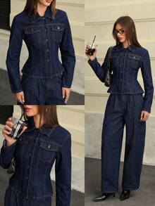 Jeanoix Women's Solid Color Minimalist Everyday Long Sleeve Denim Jacket