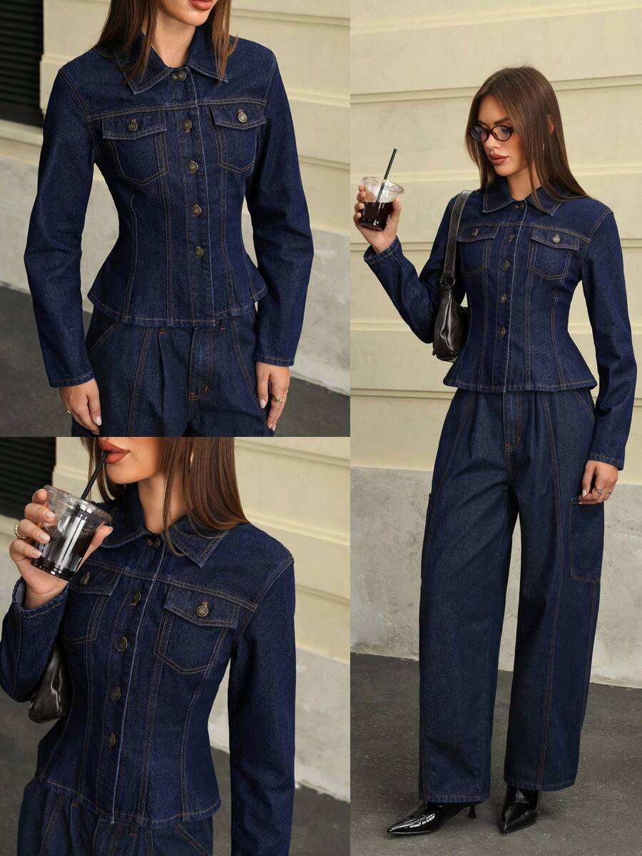 Jeanoix Women's Solid Color Minimalist Everyday Long Sleeve Denim Jacket