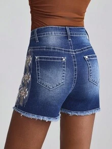 Slaydiva Casual Versatile Embroidered Distressed Denim Shorts For Women - Blue - View 2