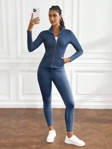 Flexra Áo khoác denim dáng ôm, giặt thường ngày, có khóa kéo phía trước dành cho nữ - Rửa tối - Xem 6