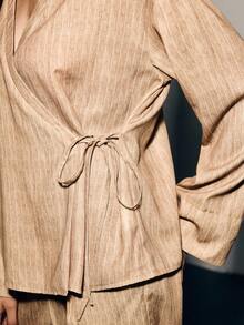 Lumivelle Luminelle Women Casual Striped Print Tie Waist Loose Suit Set - Khaki - View 6
