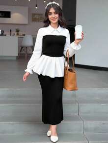 SHEIN 2pcs Teen Girl Shirt Collar Lantern Sleeve Knitted Top & Knitted A-Line Slit Hem Skirt Set