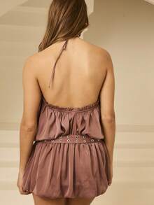 Aralina Vestido mini de verano para mujer, de unicolor, con escote halter y espalda descubierta, sexy - Marrón - Ver 2