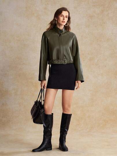 House of One Belted Cropped PU Jacket Women Autumn Winter Casual Wear