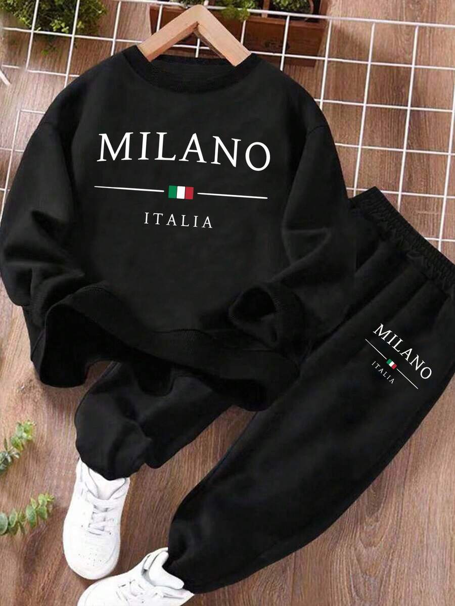 SHEIN 2 件套 MILANO 青少年男孩休闲简约长袖运动衫和裤子套装，适合秋季 - 黑色 - 查看 1