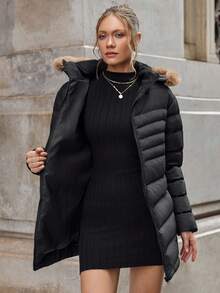 SHEIN Tall Glacier Edge Asymmetric-Zip Puffer Jacket - High-Neck, Wind-Resistant, Insulated Warmth With Hidden Side Pockets & Urban Luxe Finish - Black - View 8