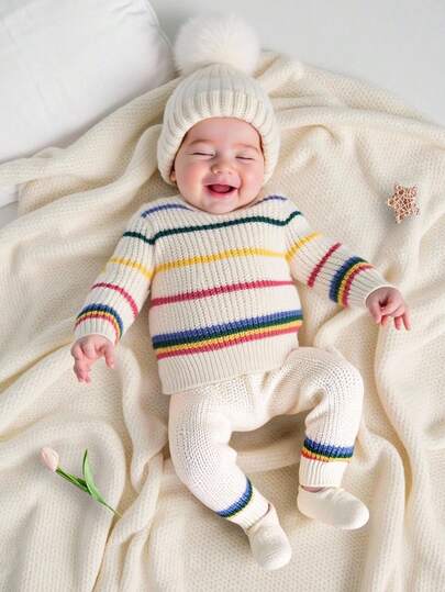 SHEIN Babygirl 彩色条纹长袖毛衣，可爱百搭，秋冬