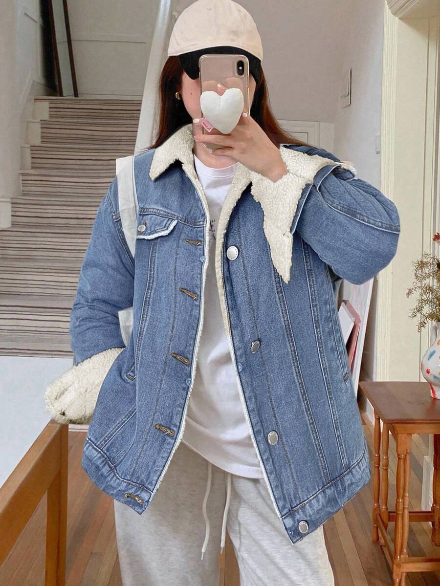 SHEIN 青少年女孩藍色休閒牛仔夾克,內裡保暖翻領寬鬆長袖冬季外套,秋季街頭風,假期、返校學院風時尚 - 中等水洗藍 - 查看 1